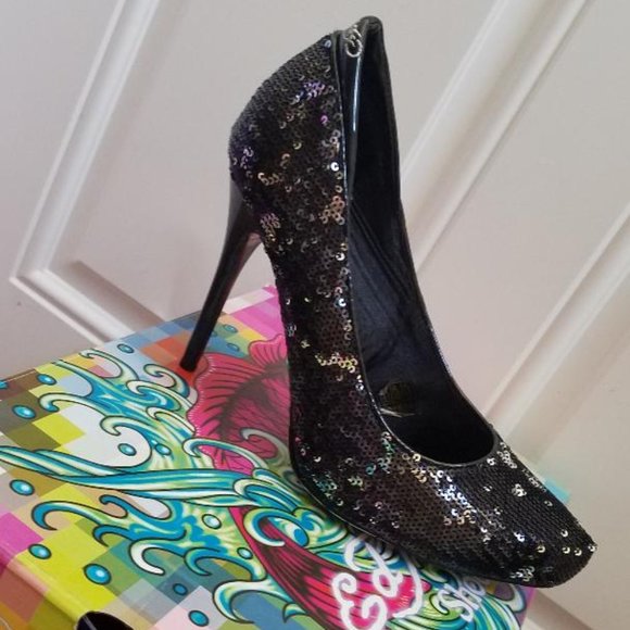 Sold: Ed Hardy flip sequence black heels size 8 - Picture 1 of 4